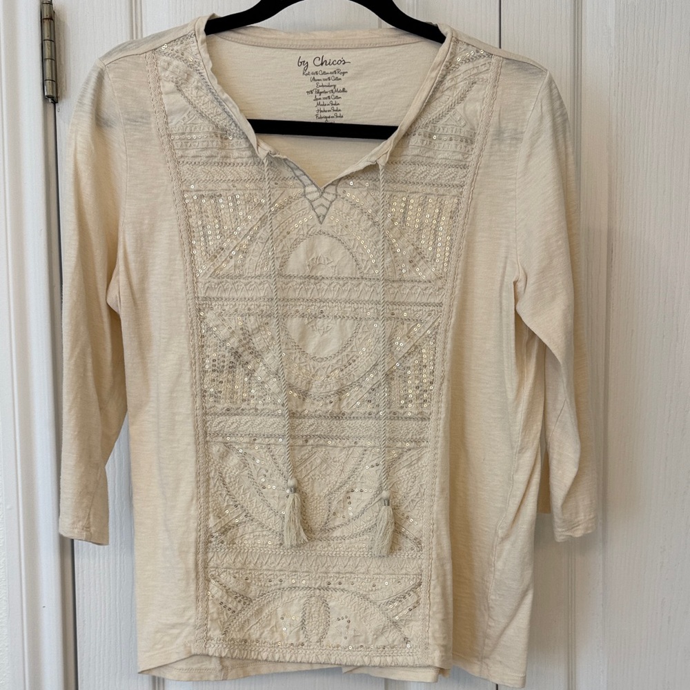 Chico’s Cream Embroidered Sequin Top Size Small Boho Peasant 3/4 Sleeve Blouse